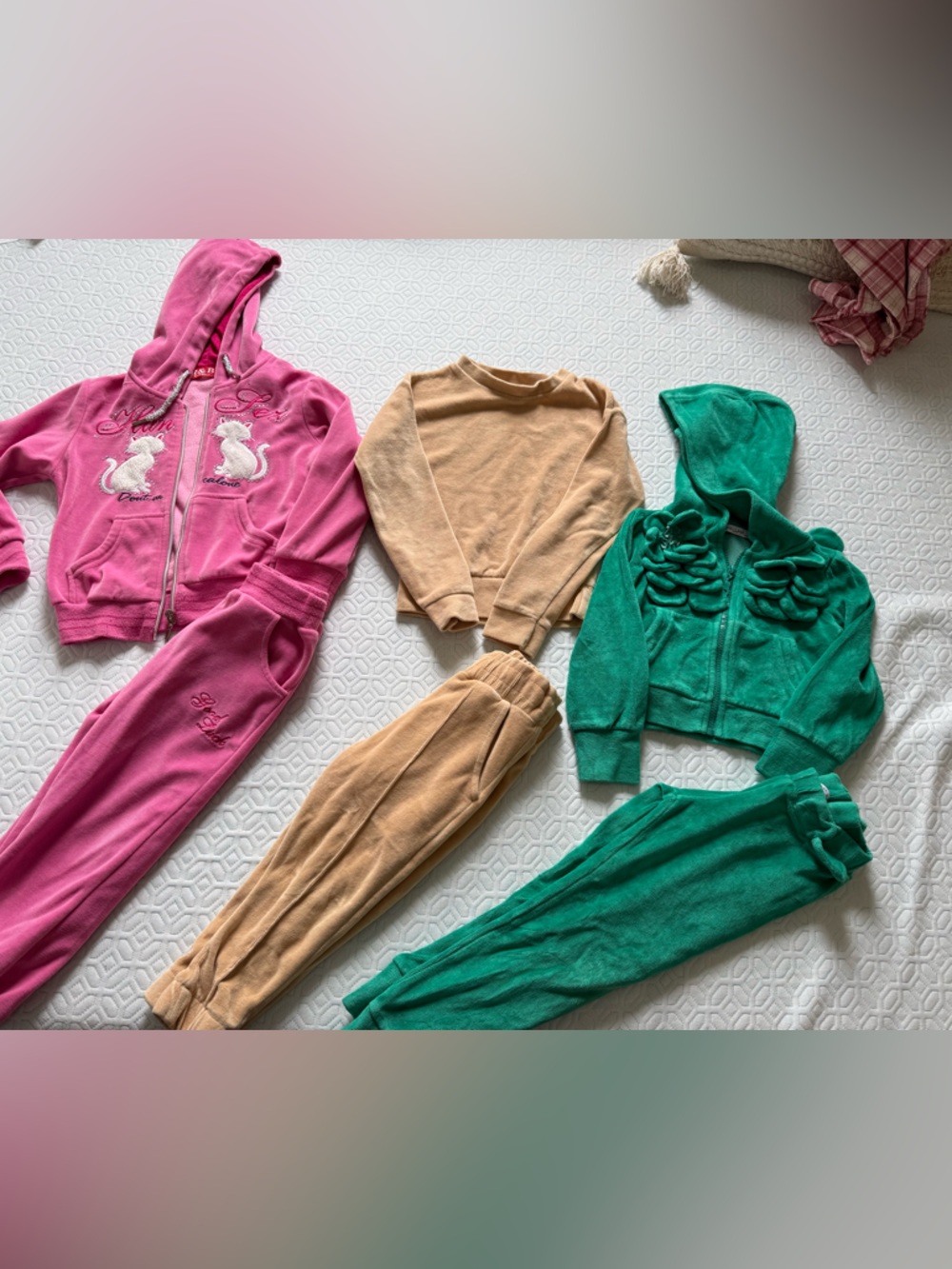 Kids Velour Hoodie & Jogger Sets - Pink, Tan, Green